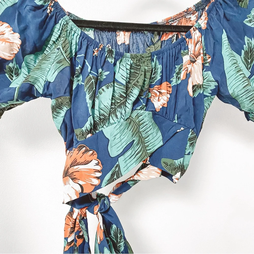 No Brand 100% Rayon Tropical Floral 2 Piece Crop Top Chic Skirt Set Blue‎